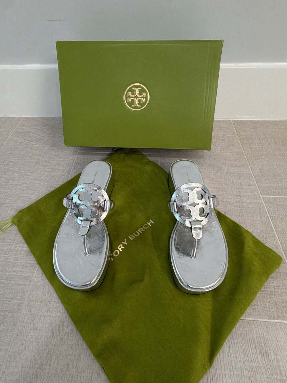 Tory Burch Silver Miller Metallic Leather Logo Wedge Thong Sandals